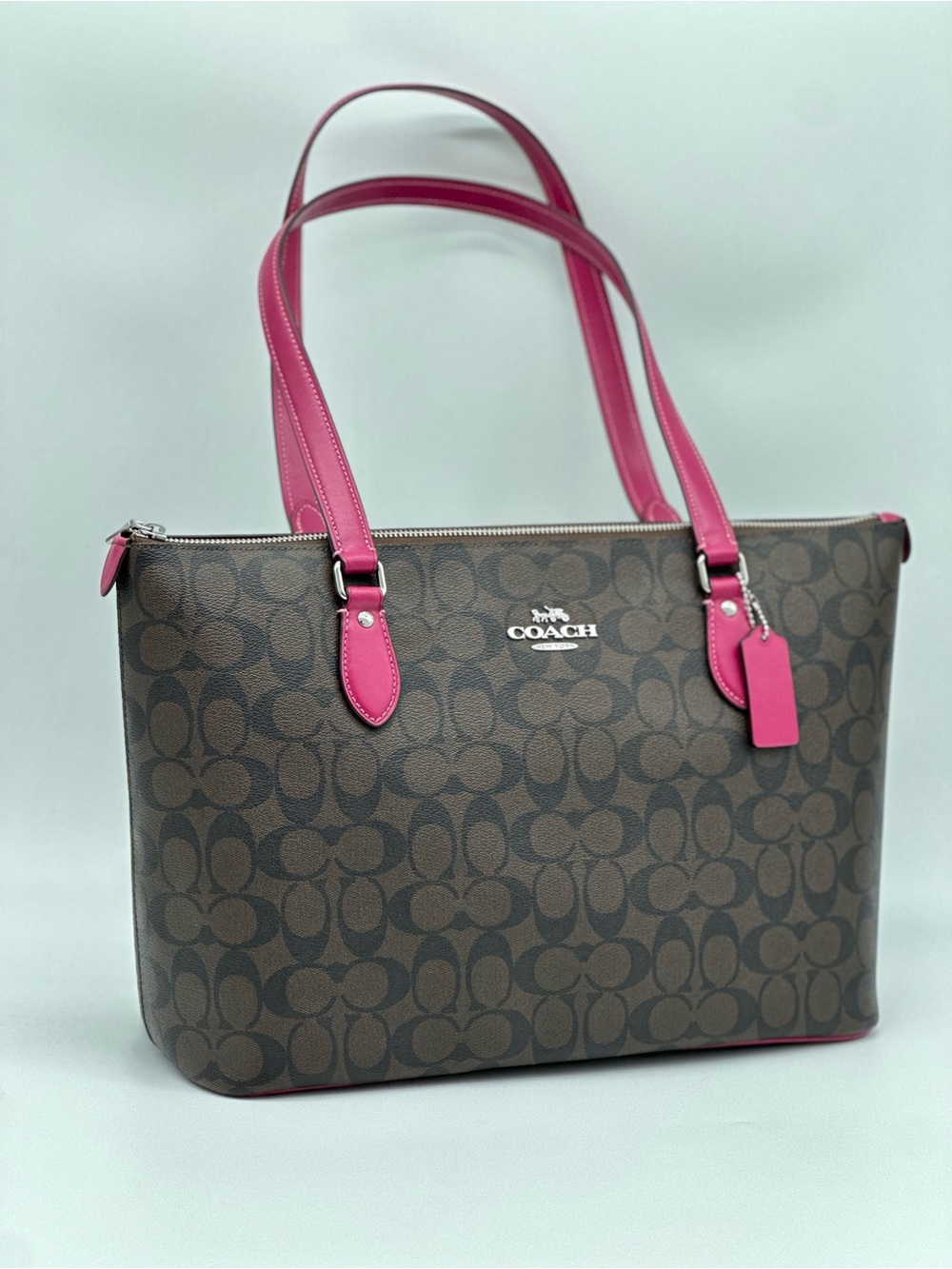 Coach Brown Signature Tote with Pink Handles